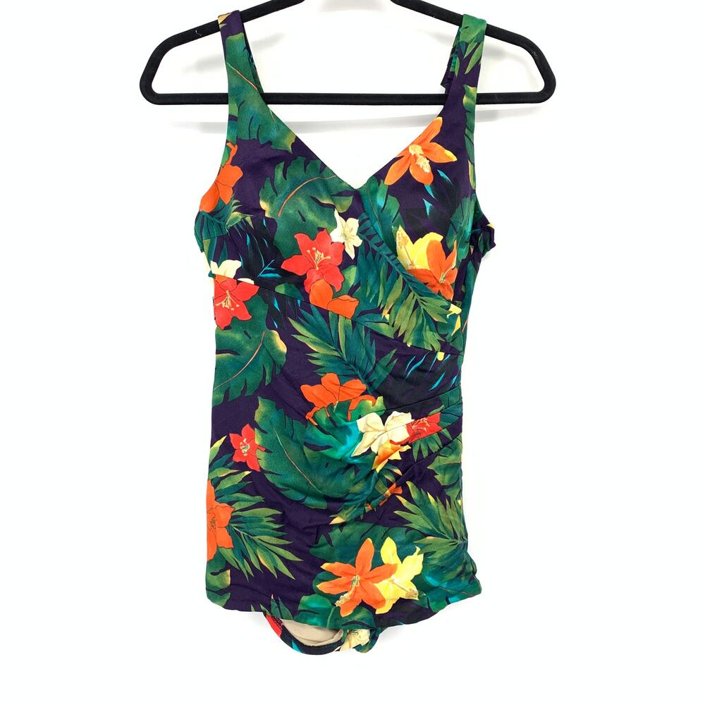 VTG Roxanne One Piece Swimsuit Womens Sz S Tropical Floral Print Ruched Front